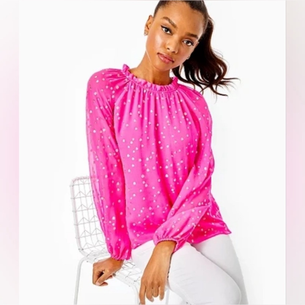 Lilly Pulitzer Caline Silk Top In Pink Topaz Gold Metallic Ruffle Size XL
